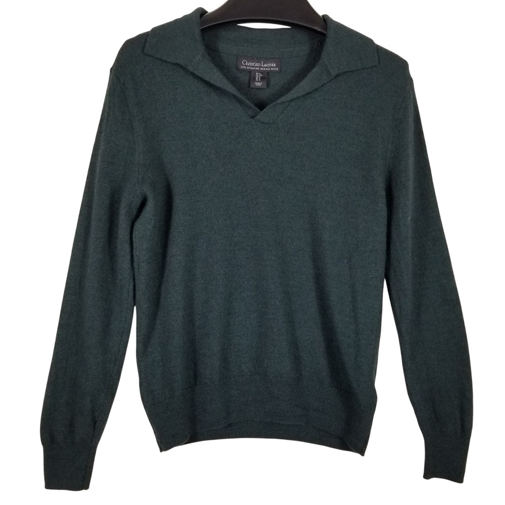 Christian Lacroix Men Forest Green 100% Extrafine Merino Wool Polo Sweater Small